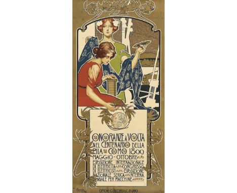  ADOLF HOHENSTEIN 1854-1928 Onoranze a Volta 1899 G. Ricordi, Milano. Litografia a colori. Telato, strappi restaurati e macch