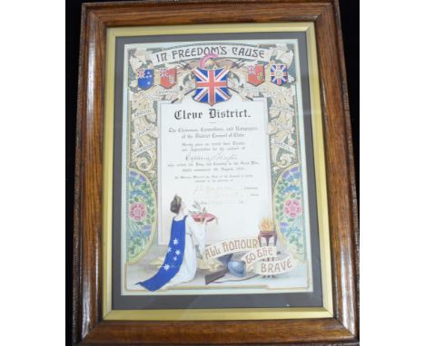 First World War Australian appreciation paper, awarded to Captain J.F. Hayter, framed.