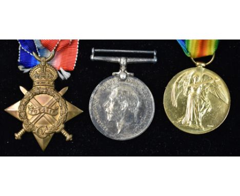 A Group of three First World War medals, awarded to 8-3445 Private R.H. Longmuir, Durham Light Infantry, comprising: 1914-15 