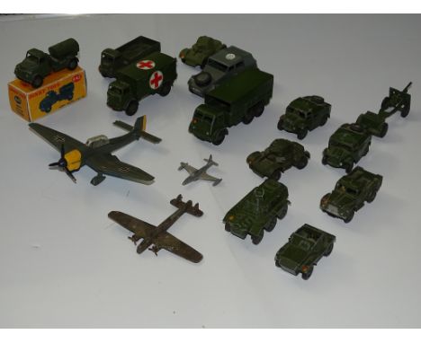 DINKY: A group of playworn DINKY military vehicles and aircraft, one in repro box - F/G - unboxed (17)