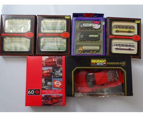 GENERAL DIECAST: A mixed group of bus and lorry packs by EFE together with a BBURAGO 1:18 scale Ferrari - VG in Generally G b