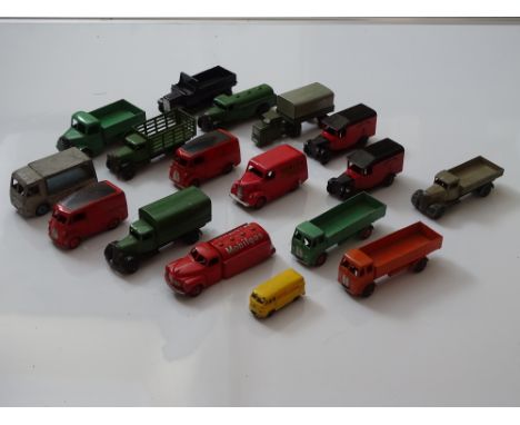 DINKY: A group of playworn DINKY diecast vans and lorries - some repainting apparent to a few - F/G - unboxed (17)