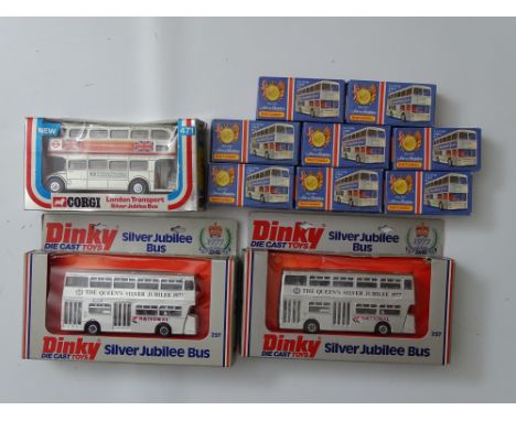 DINKY: A Silver Jubilee diecast group comprising: 2 x DINKY 297, a CORGI 471  and 8 x MATCHBOX SUPERFAST - all Silver Jubilee