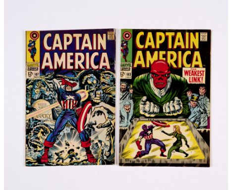 Captain America (1968) 103, 107 both cents copies. Tanned interior covers, light tan pages [vg] (2). No Reserve