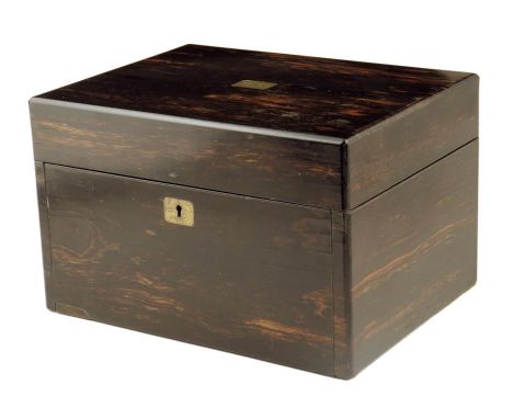 A Victorian coromandel dressing case box, the hinged lid inset with a brass plaque inscribed with the initials 'R.E.B.G.', th