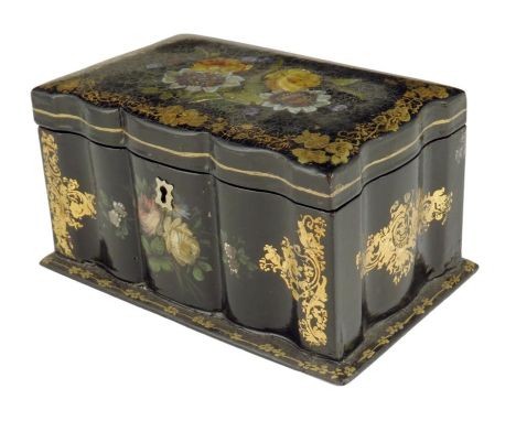 A Victorian papier-mâché tea caddy, decorated with floral sprays and gilt highlights, the interior with twin lidded divisions