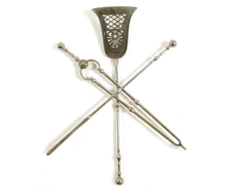 A set of three early 19th century steel fire tools, each with a ball handle and knopped stems, with a pierced pan decorated w