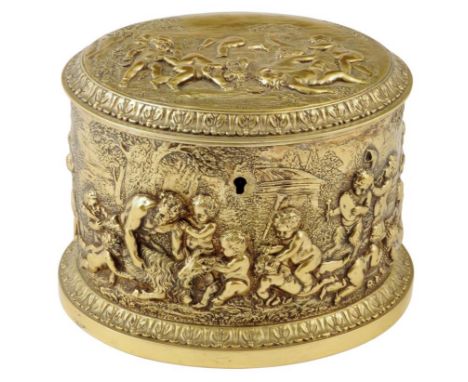 A mid Victorian brass oval tea caddy, repoussé decorated with panels of Bacchanalian revelry, the silvered interior with foli