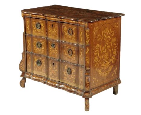 A Dutch oak and marquetry commode, inlaid with flowers, urns and butterflies, later converted into a music cabinet, now with 