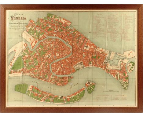 A coloured lithograph map of Venice, inscribed 'PIANTA DI VENEZIA EDIZIONE DELLA LITOGRAFIA VENEZIANA', 51.7 x 70.3cm, togeth