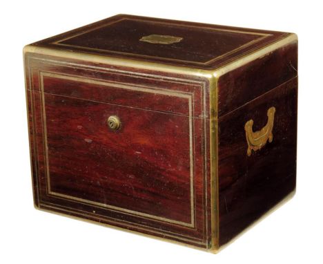 &lambda; A 19th century French rosewood and brass mounted toilet box, the hinged lid with a vacant plaque and fitted with a s