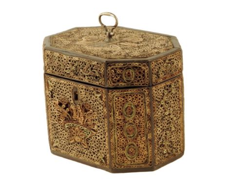 A George III rolled paper tea caddy, of canted form and decorated with panels of flowers, the front with an urn of flowers, t