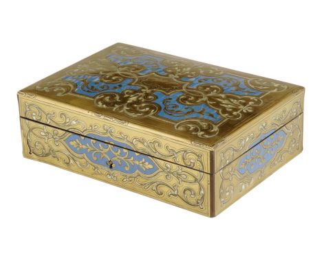 A mid 19th century cut brass and mother of pearl sewing box, decorated with scrolling foliage on blue lacquer panels, the sil
