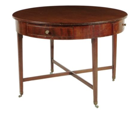 A 19th century mahogany centre table, the circular top above four frieze drawers and on square tapering legs and brass caps a