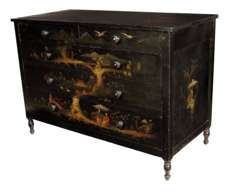 A late 19th century French ebonized and painted commode, decorated with chinoiserie scenes, with two short and three long gra