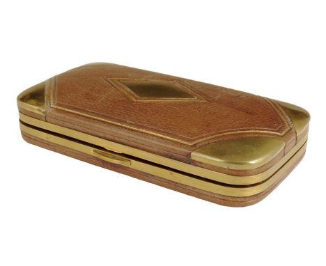 A Victorian brown leather and brass mounted étui, the plush lined interior fitted with mother of pearl handled utensils, incl
