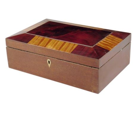 A 19th century mahogany and satinwood work box, the interior with marbled paper edging and fitted with a mirror to the lid, w