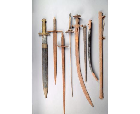 A French side arm by Talabot, Paris, 19th century, with scabbard, two theatrical swords, a tulwar, an epee and three scabbard