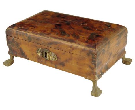 λ A George IV simulated tortoiseshell work box, the divided interior with a needle case, a bone thimble and a lidded compartm