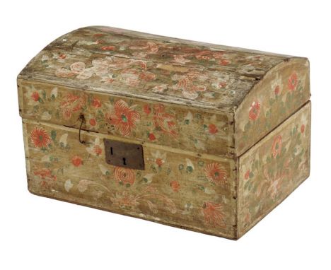 An Italian lacca povera domed trunk, decorated with flowers and foliage, the hinged top, now broken, with a vacant interior a