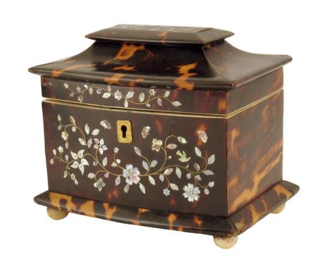 &lambda; William IV tortoiseshell pagoda shape tea caddy, inlaid with mother of pearl flowers, leaves and butterflies, the in