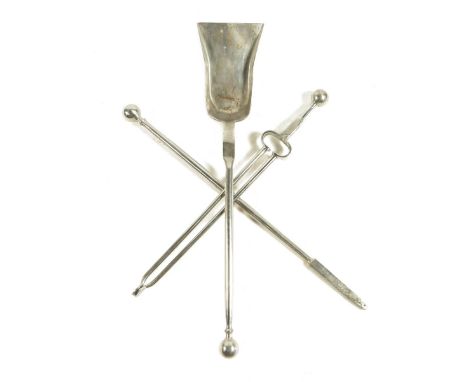 A set of three steel fire tools, each with a ball handle and with a solid pan, 81cm long. (3)Provenance: The Property of a La