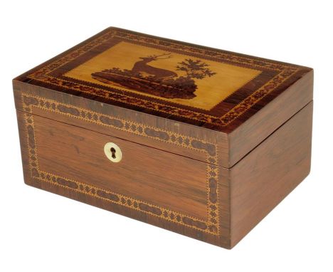 λ A Victorian Tunbridge ware and rosewood box, the hinged lid with a mosaic panel of a stag with bands of flowers, to a mothe