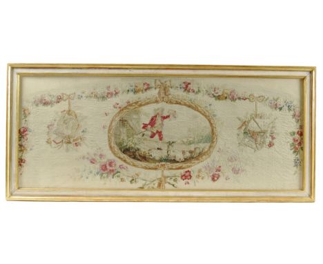 A late Louis XV Aubusson tapestry sofa back, woven with a young shepherd in a laurel leaf medallion with garlands of flowers 