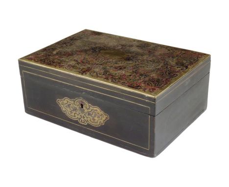 A 19th century French ebonized and boulle work jewellery box, the lid decorated with a cut foliate brass panel to a button si