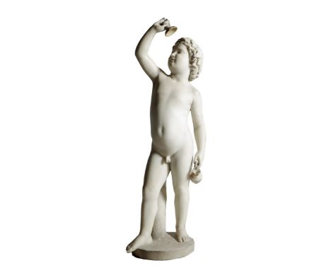 A 19th century marble sculpture of a young Bacchus, wearing a crown of vine leaves and grapes and holding a ewer in his right