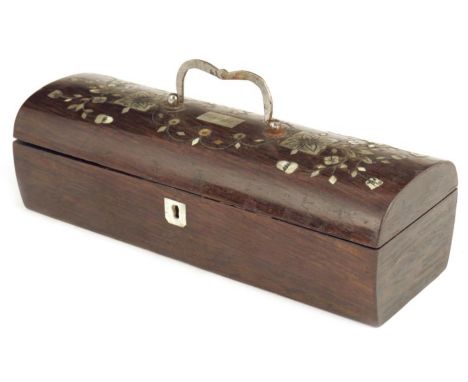 λ A 19th century continental rosewood and mother of pearl inlaid box, with a steel swing handle and with a rectangular plaque