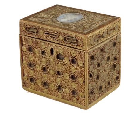 A George III gilt rolled paper tea caddy, the hinged lid centred an oval portrait miniature of a lady with initials 'S.D', th