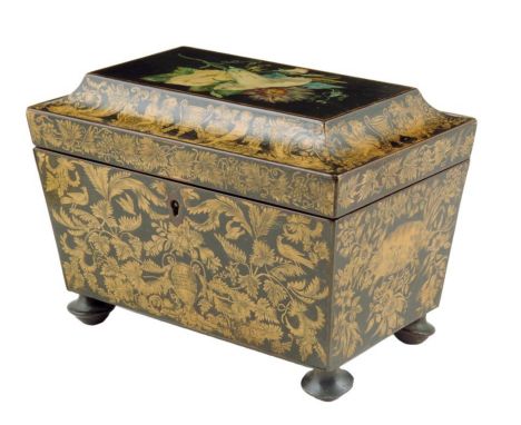 A Regency penwork sarcophagus shape tea caddy, the lid painted with a panel of flowers within Bacchanalian borders, above scr