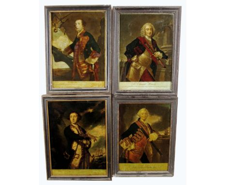 Four George III reverse glass pictures of 18th century Navy Admirals, 'Sr. GEORGE BRIDGES RODNEY.', damaged, 35.7 x 25.3cm, '