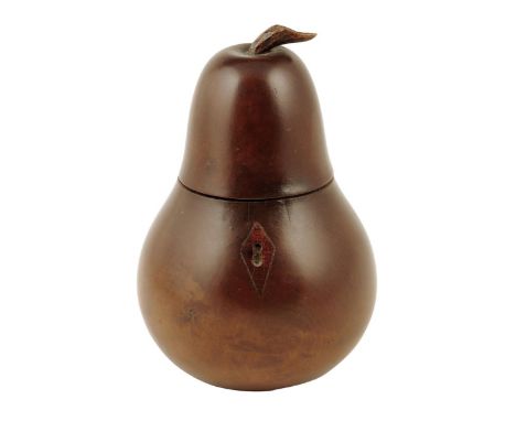 A 19th century pear tea caddy, with a diamond escutcheon and a foil lined interior, 17.7cm high, 11.5cm wide.