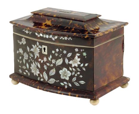 &lambda; An early Victorian tortoiseshell pagoda shape tea caddy, inlaid with pewter stringing, the front with mother of pear