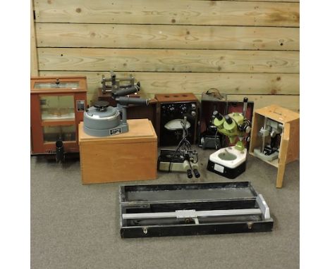 A collection of scientific instruments, to include a microscope, together with a collection of magic lantern slides