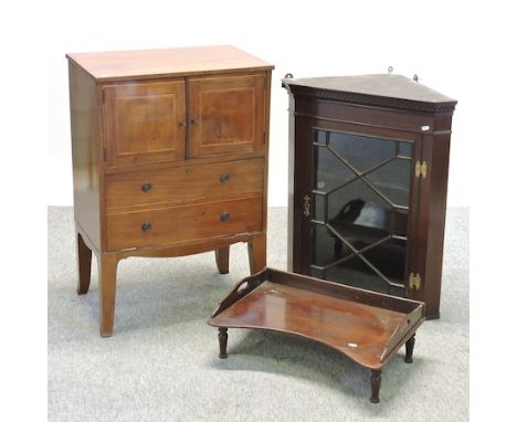 A 19th century mahogany pot cupboard, 61cm, together with a 19th century mahogany tray and a glazed hanging corner cabinet (3