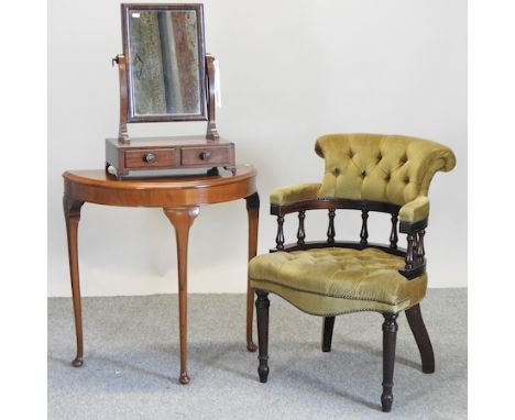 A mahogany and gold upholstered button back open armchair, together with a half round side table, 74cm and a 19th century swi