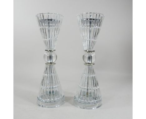 A pair of retro style glass table lamp bases, 33cm high