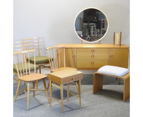 A 1970's bedside cabinet, together with a dressing table, stool, a spun fibreglass table lamp and four dining chairs