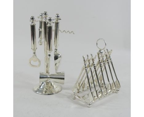 A set of plated bar tools, together with a plated toast rack, in the form of oars