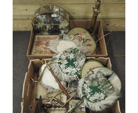 Two boxes of items to include a Huntley and Palmers biscuit tin, a brass Corinthian column table lamp, wig pull and various f