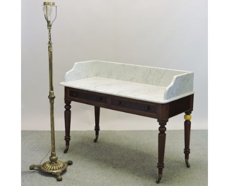 A Victorian mahogany and marble top washstand, 122cm, together with an early 20th century brass standard lamp