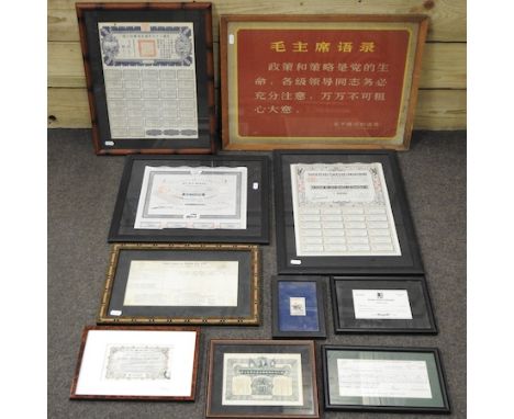 A collection of mainly Chinese share certificates, framed (10)