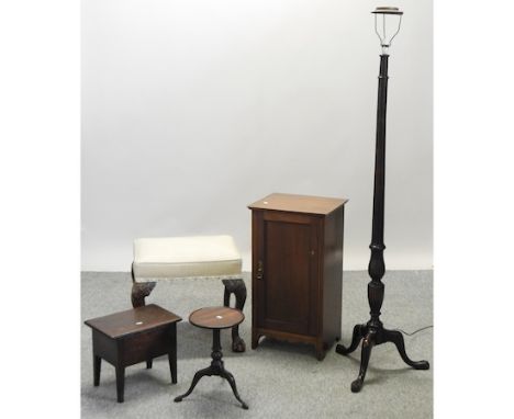 An early 20th century cream upholstered footstool, on claw and ball feet, 54cm, together with a standard lamp, an Edwardian p