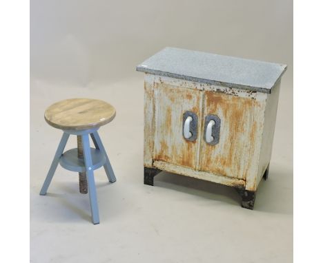 A white and blue painted and enamel kitchen cabinet, 60cm together with an adjustable wooden stool