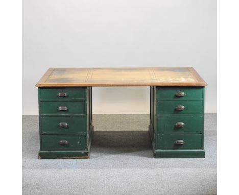 An early 20th century green painted pine and light oak partner's pedestal desk, 169cm