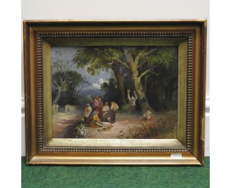 English school, 19th century, a country scene with children playing, oil on board, 22 x 29cm