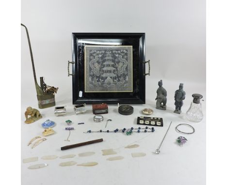 A collection of oriental items to include an ebonised tray, 34cm, a metal opium pipe, Chinese figures and costume jewellery
